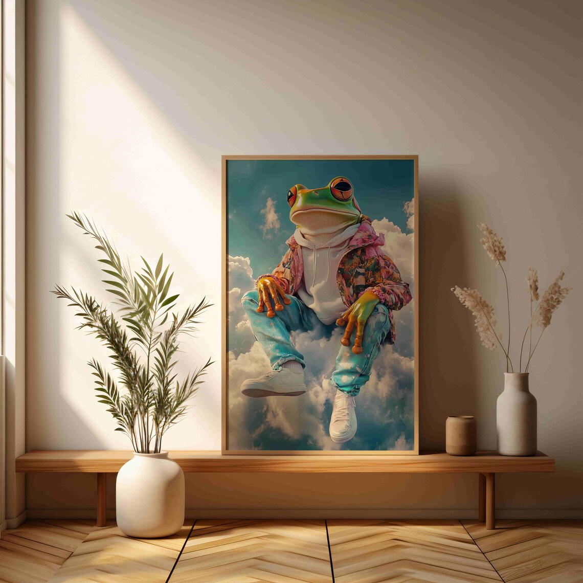 Funky Frog In Hoodie Sitting On Cloud Surreal Whimsical Art Poster - Image 3