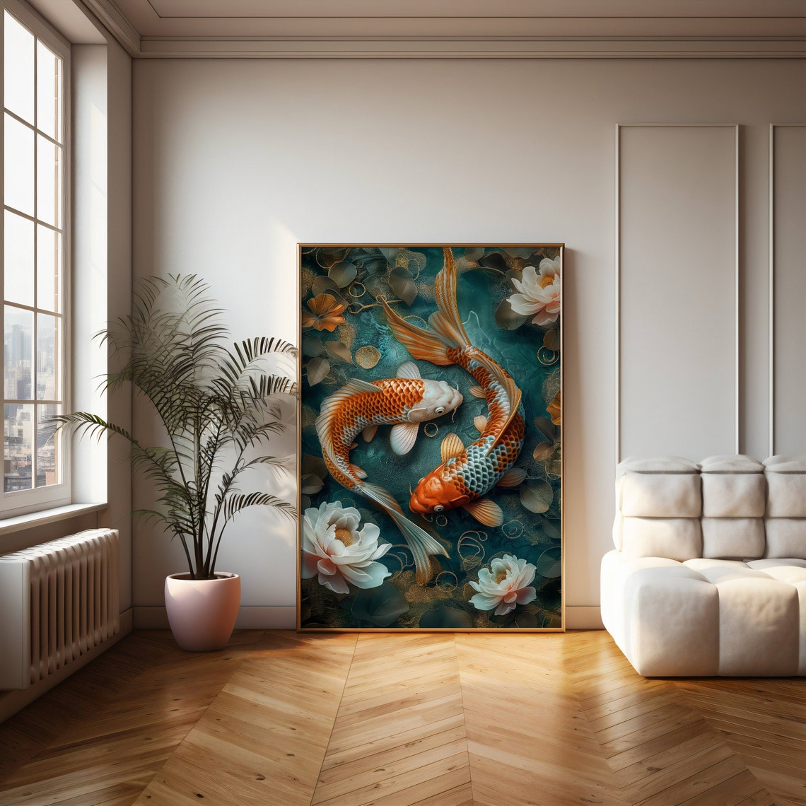 Koi Fish In A Pond With Flowers Symmetrical Harmony Realistic Style Poster - Image 4