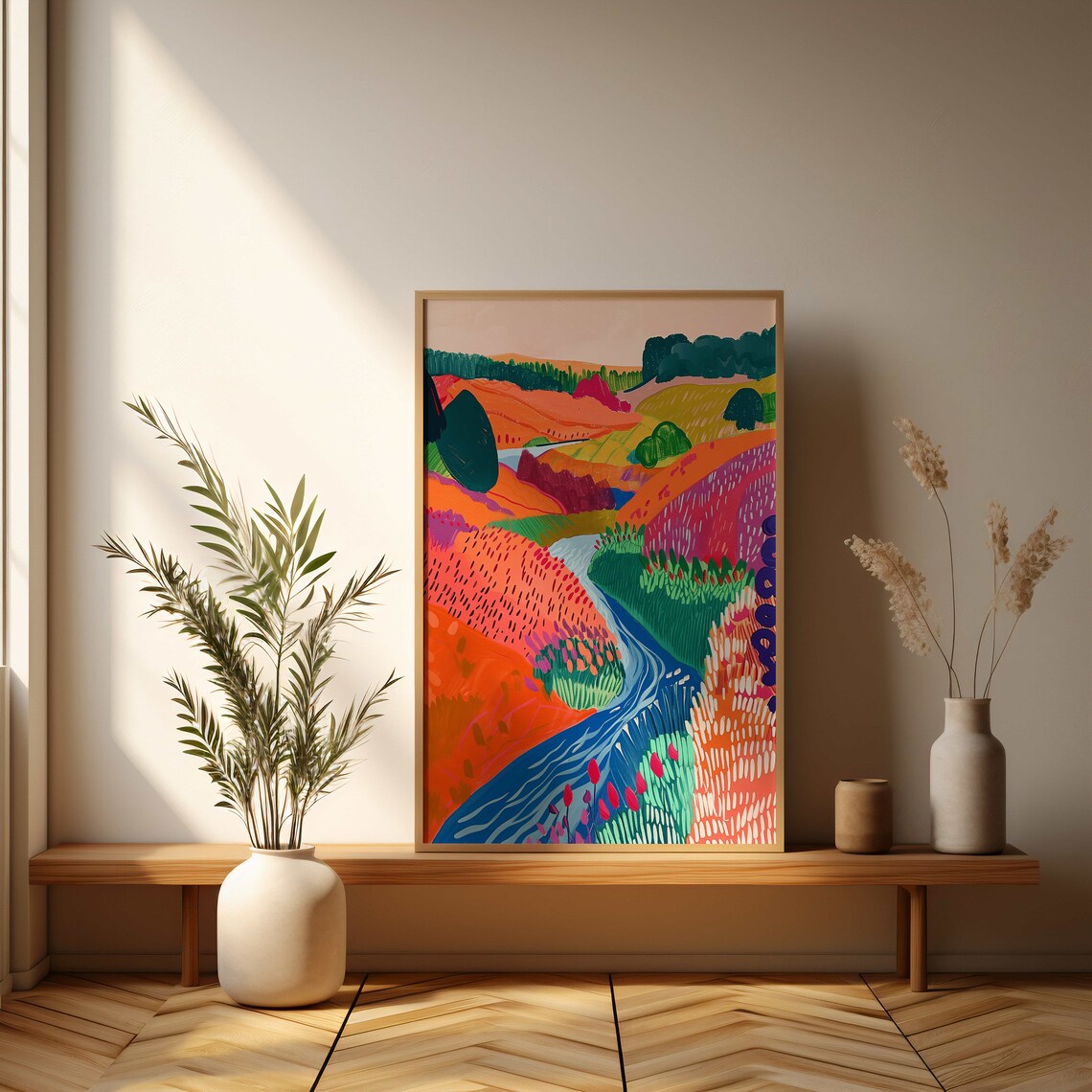 Colorful Winding River Valley Countryside Abstract Art Poster - Image 3