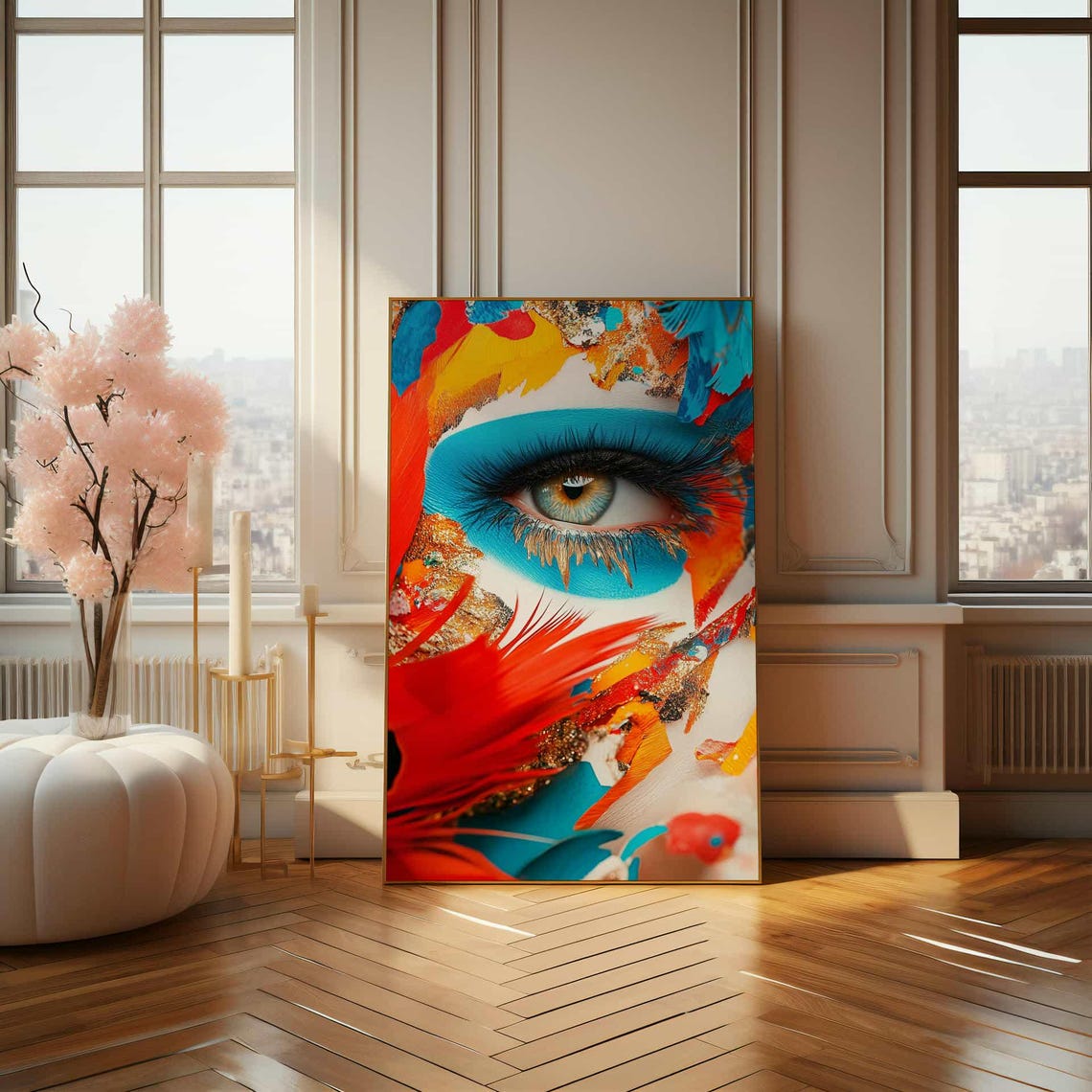 Macro Eye with Blue Shadow and Feathers Vibrant Modern Art Poster - Image 4