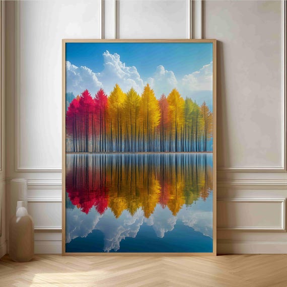Colorful Trees Reflected Poster Stunning Forest Landscape Wall Art