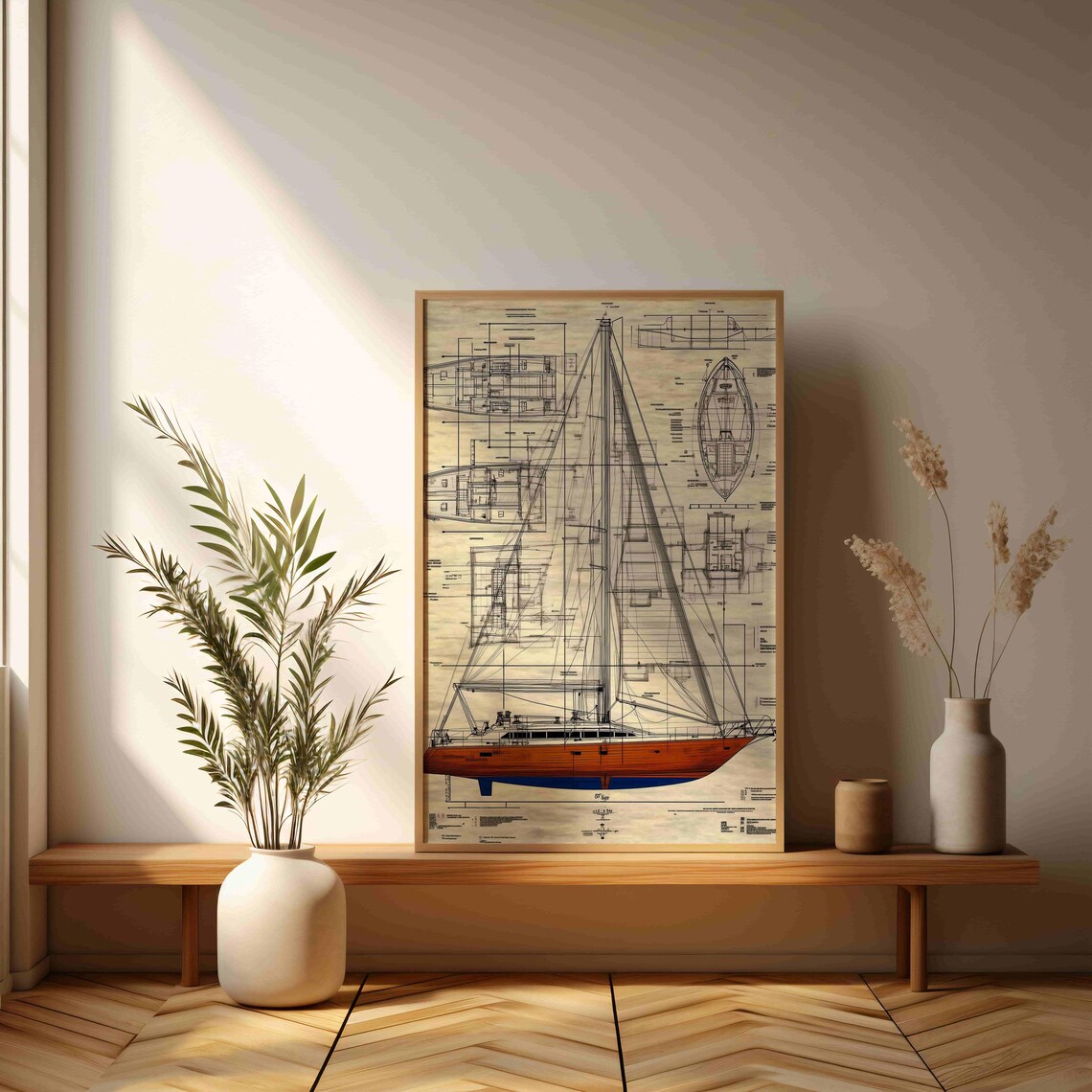Vintage Sailing Yacht Blueprint, Nautical Wall Art Print - Image 3