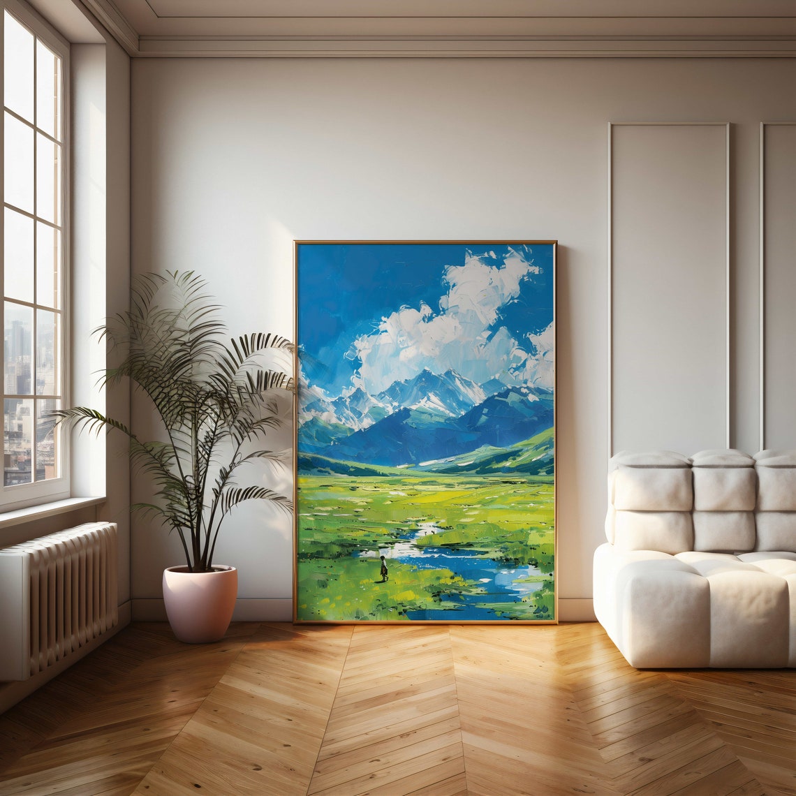 Snow Capped Mountains Over Green Valley Meadow Painting Poster - Image 2