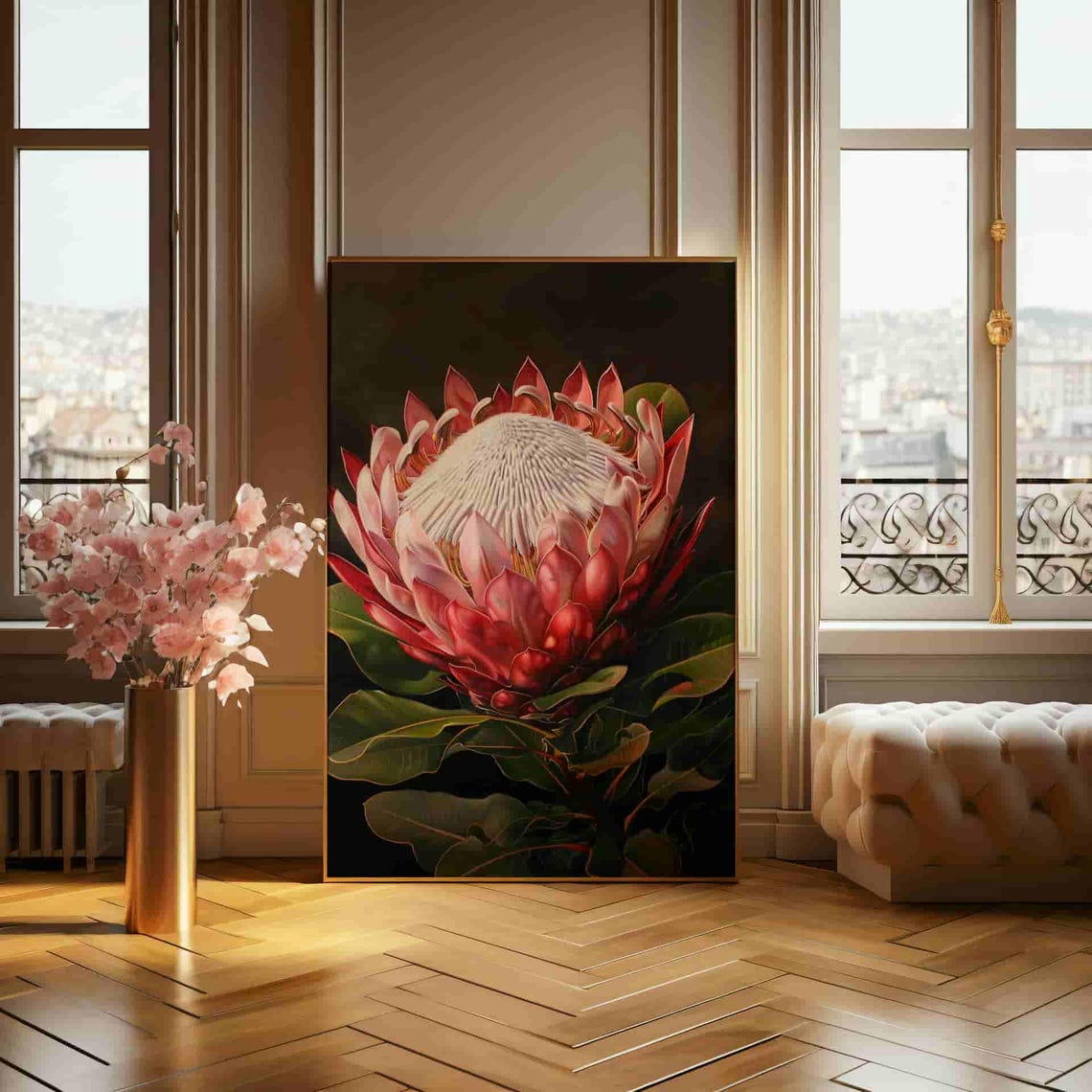 Realistic King Protea Bloom on Dark Dramatic Background Poster - Image 2