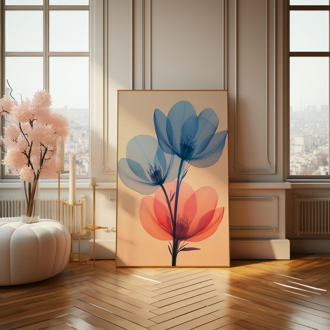 Ethereal Floral Elegance Soft Blue And Coral Flower Wall Art Perfect For Modern And Minimalist Decor - Image 4