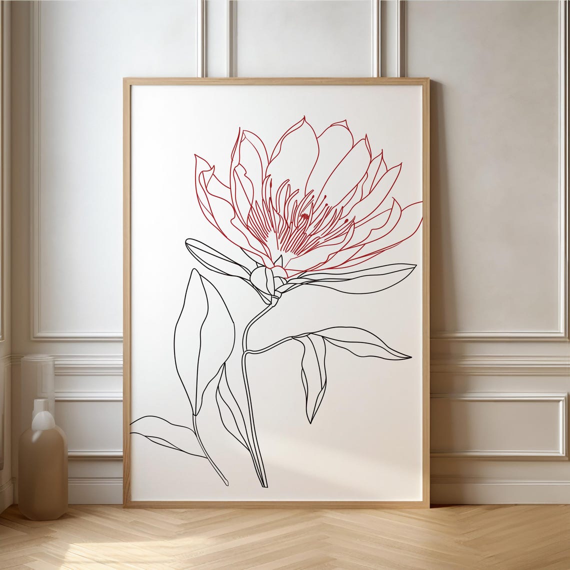 Single Protea Flower Minimal Red Line Drawing Modern Art Poster