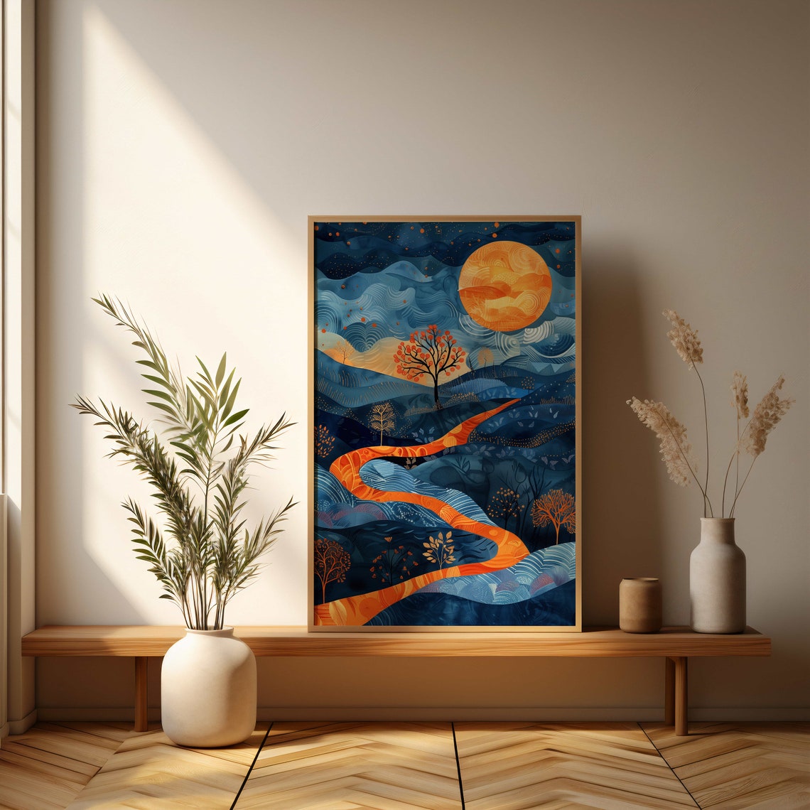 Moonlit Blue Hills with a Golden Winding Path Night Sky Poster - Image 3