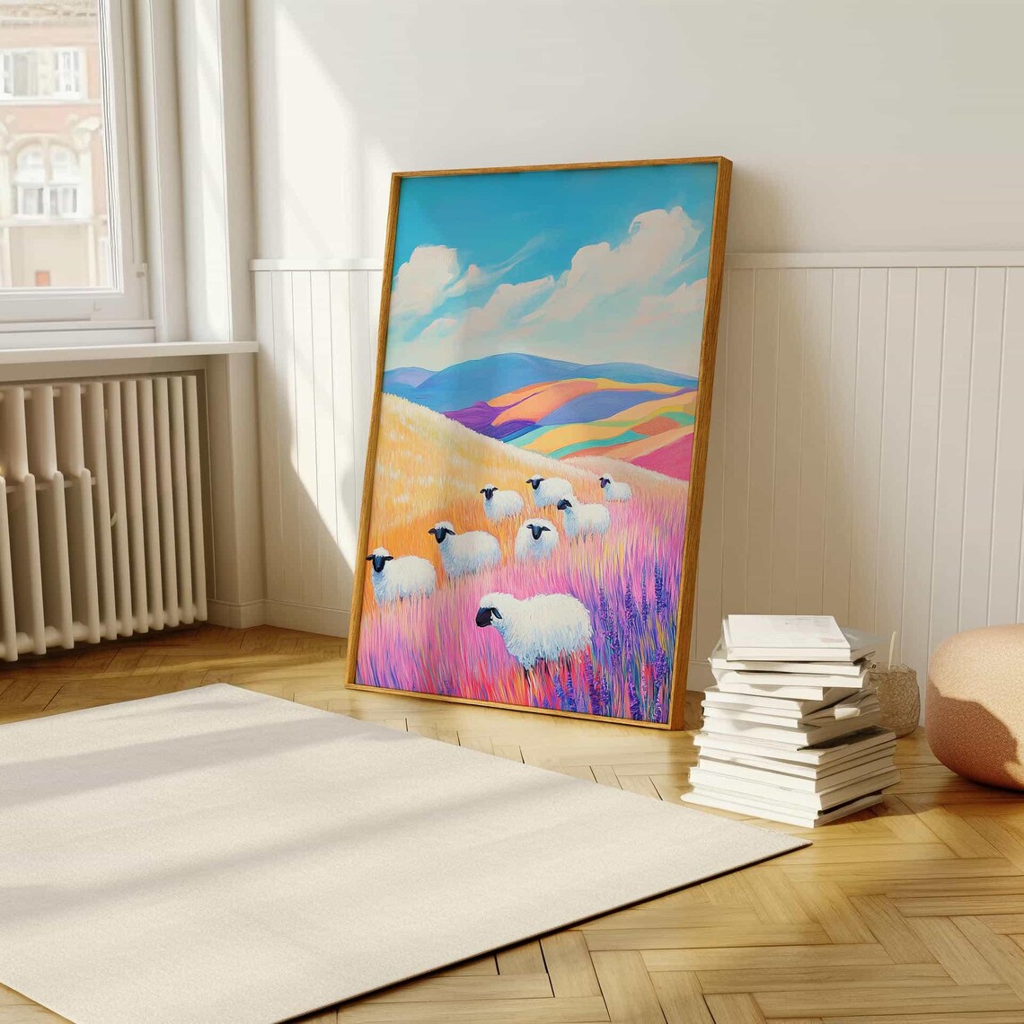Whimsical Sheep in Colorful Rainbow Meadow Pastel Painting Poster - Image 5