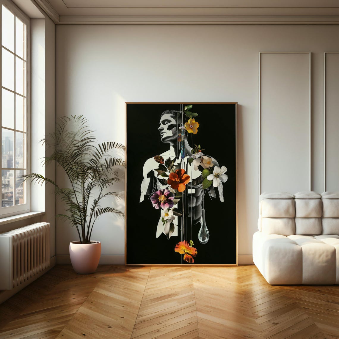 Surreal Floral Male Torso Silhouette Collage Art on Black Poster - Image 2