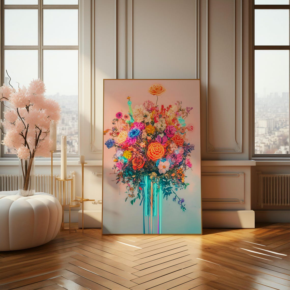 Neon Glowing Flower Bouquet on Pastel Background Modern Art Poster - Image 4