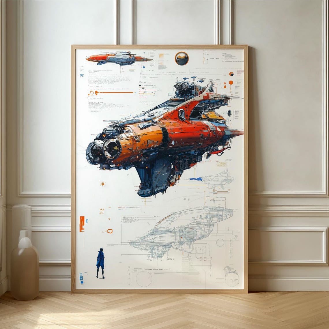 Retro Sci-Fi Spaceship Concept Technical Diagram Illustration Poster