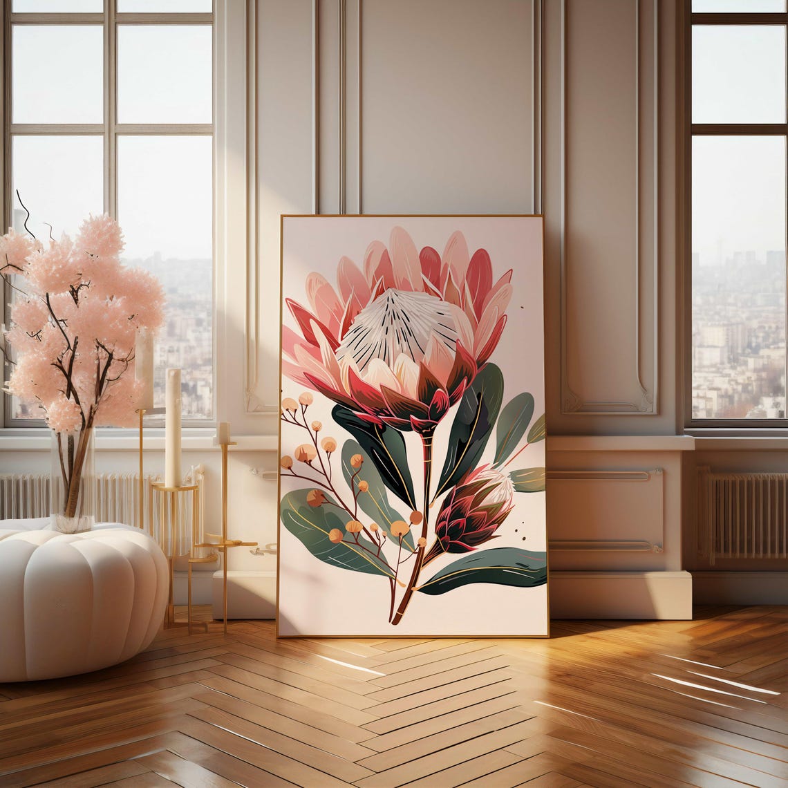 Blush Pink King Protea Stem Elegant Botanical Illustration Poster - Image 4