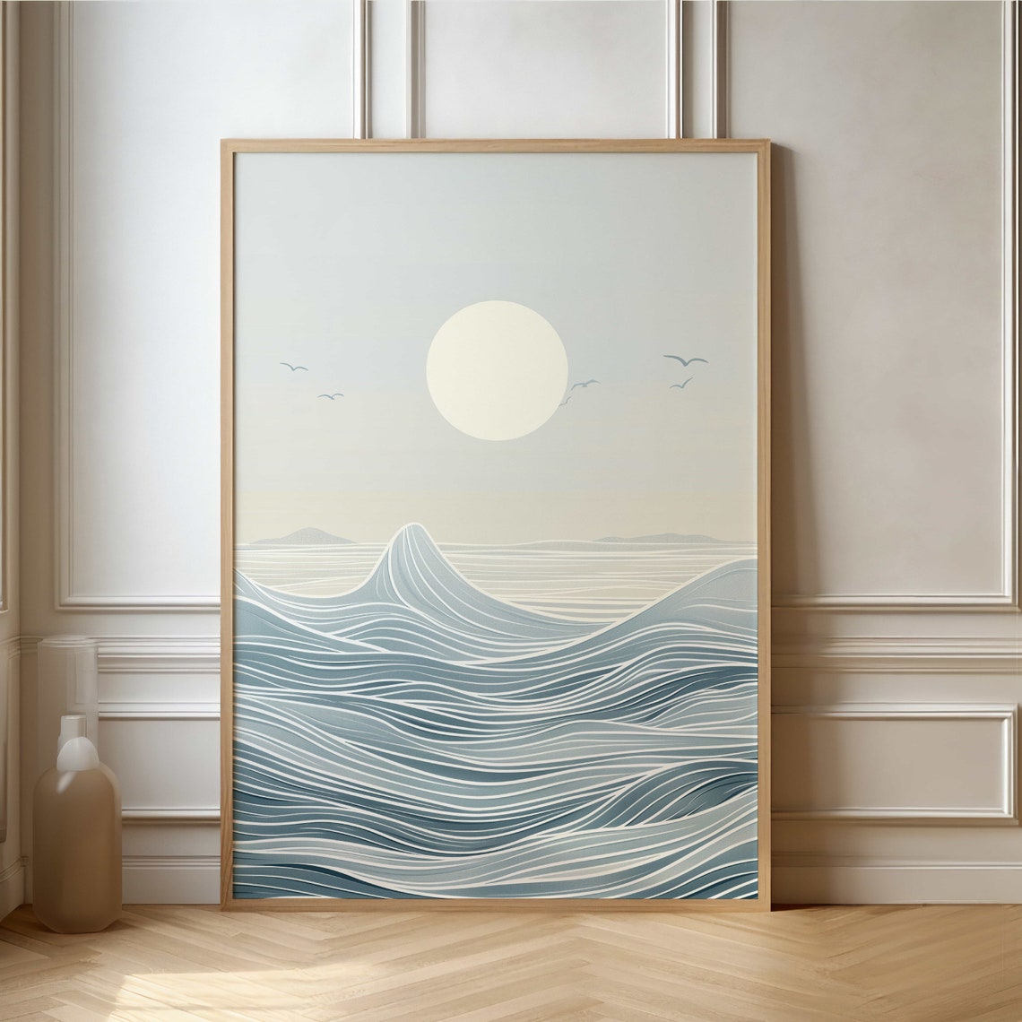 Minimalist Ocean Waves Beneath a Pale Moon Seascape Art Poster