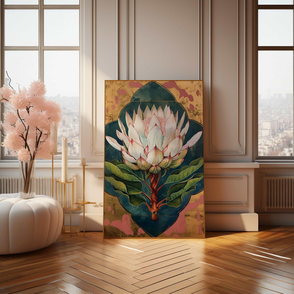 Majestic White King Protea Gold Leaf Ornate Botanical Art Poster - Image 4