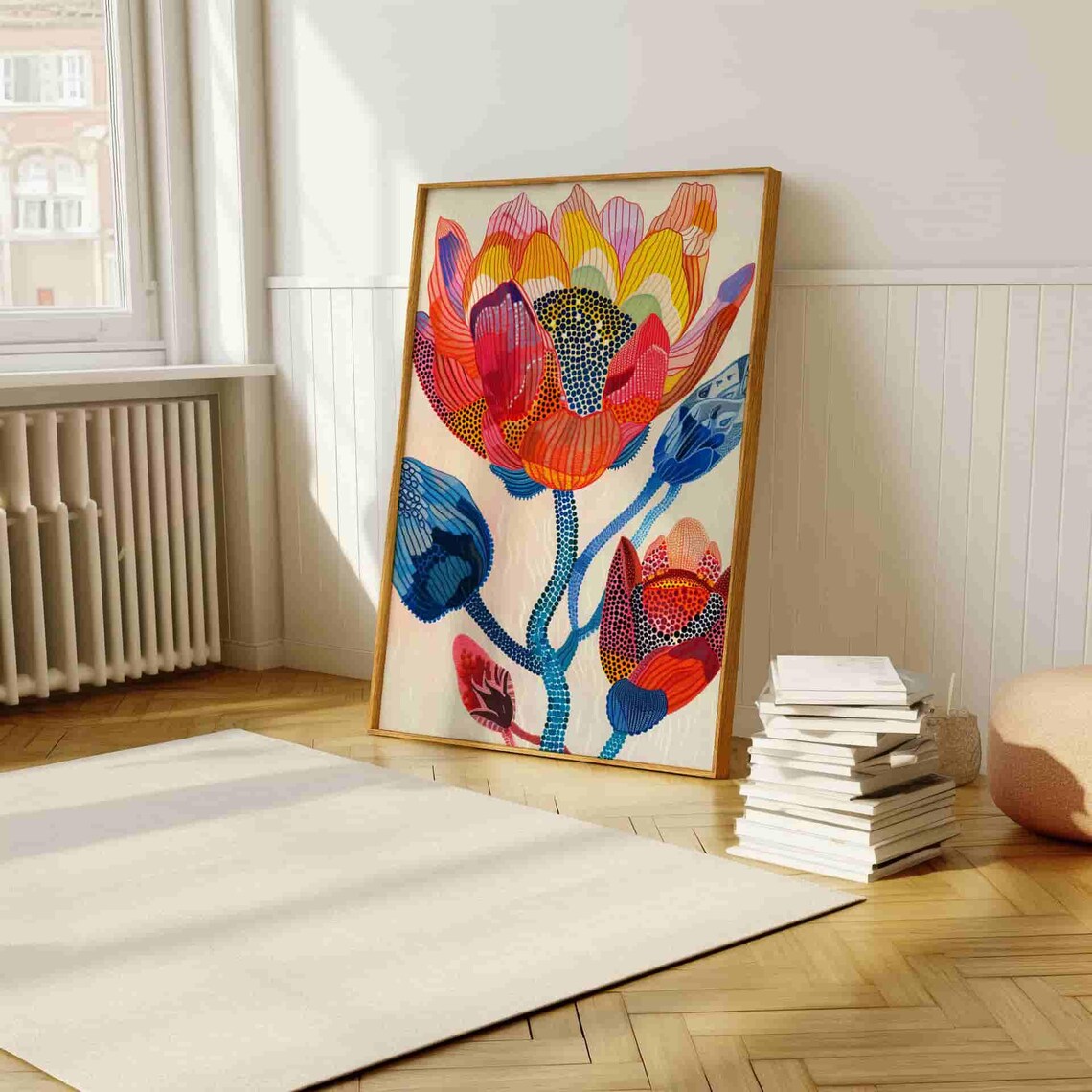 Vibrant Stylized Flower Made of Colorful Dotted Line Art Poster - Image 4