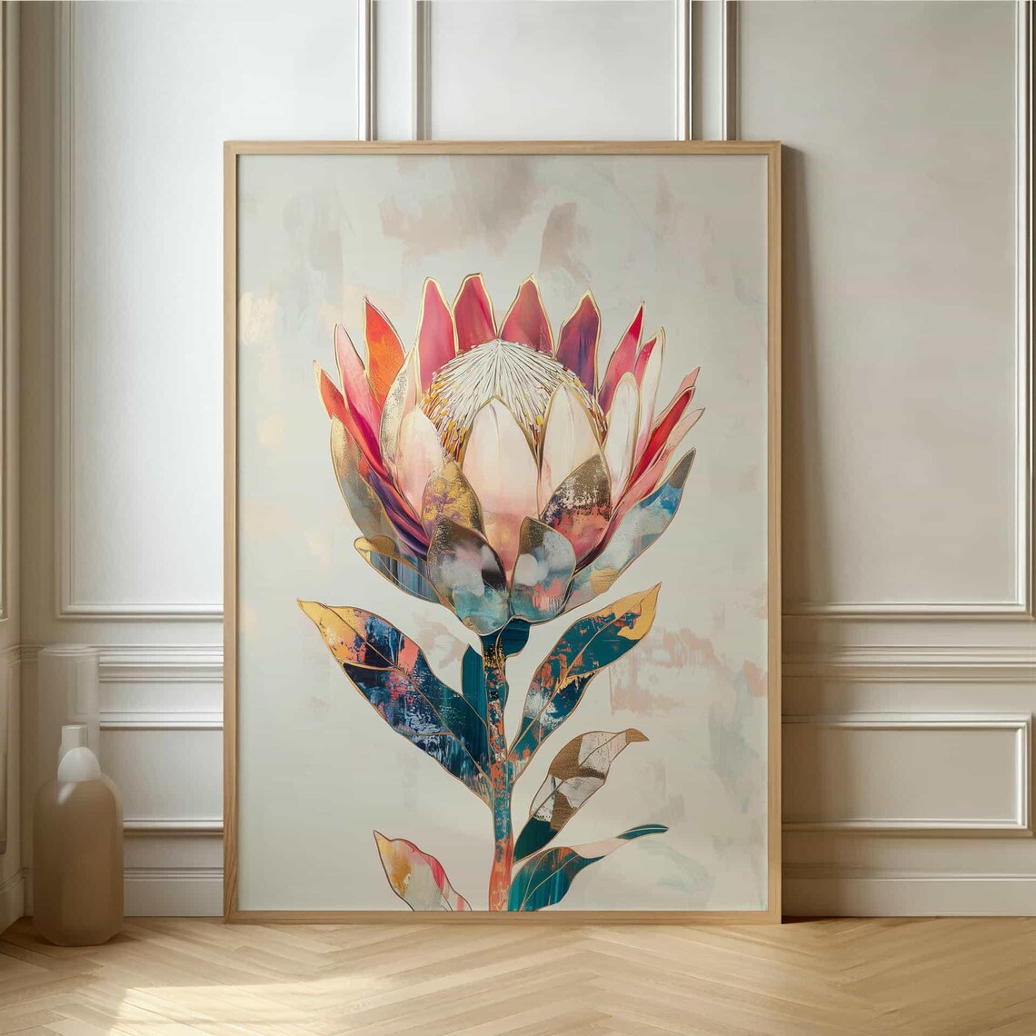 Gold Inlay Protea Flower Art Print, Abstract Botanical