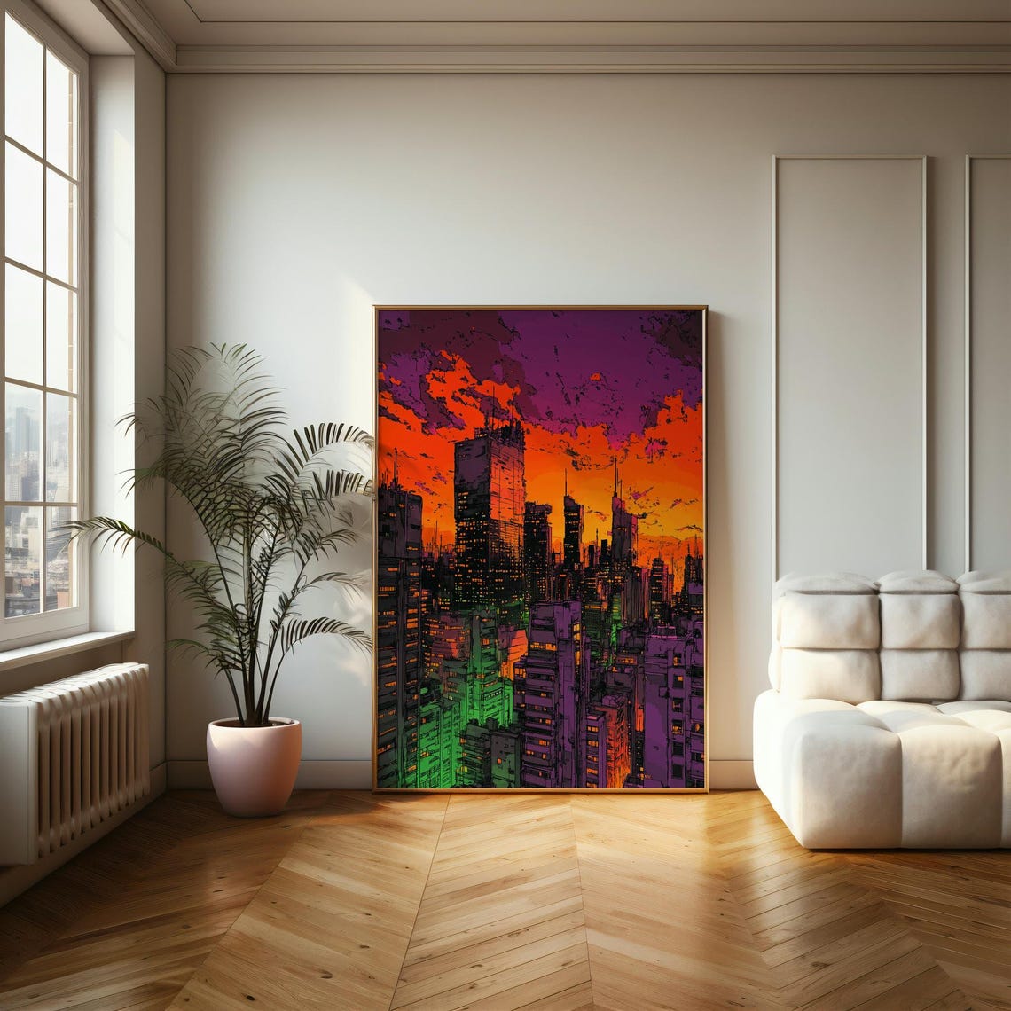 Colorful Neon City Skyline at Sunset Graphic Urban Art Poster - Image 2
