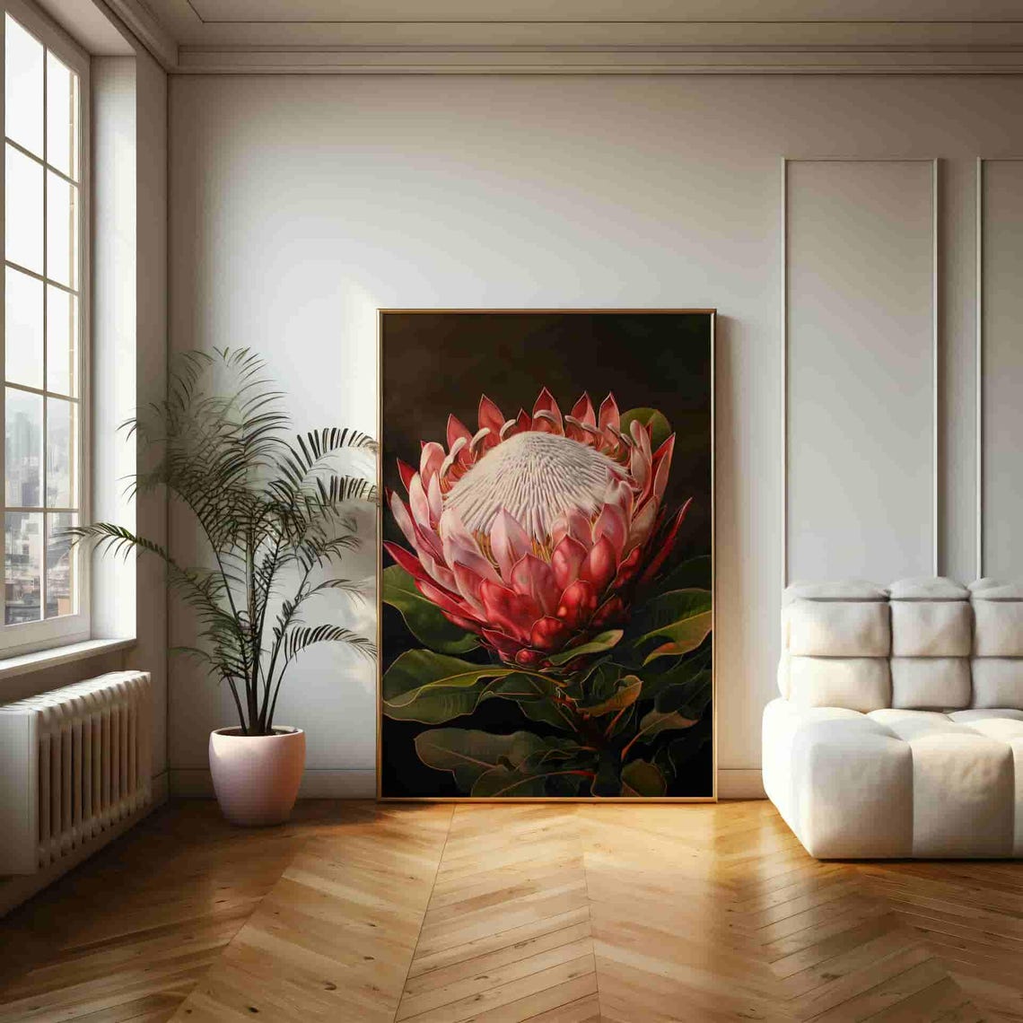 Realistic King Protea Bloom on Dark Dramatic Background Poster - Image 3
