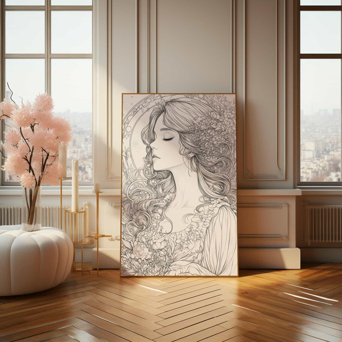 Art Nouveau Line Art Woman Profile With Flowing Floral Hair Poster - Image 4