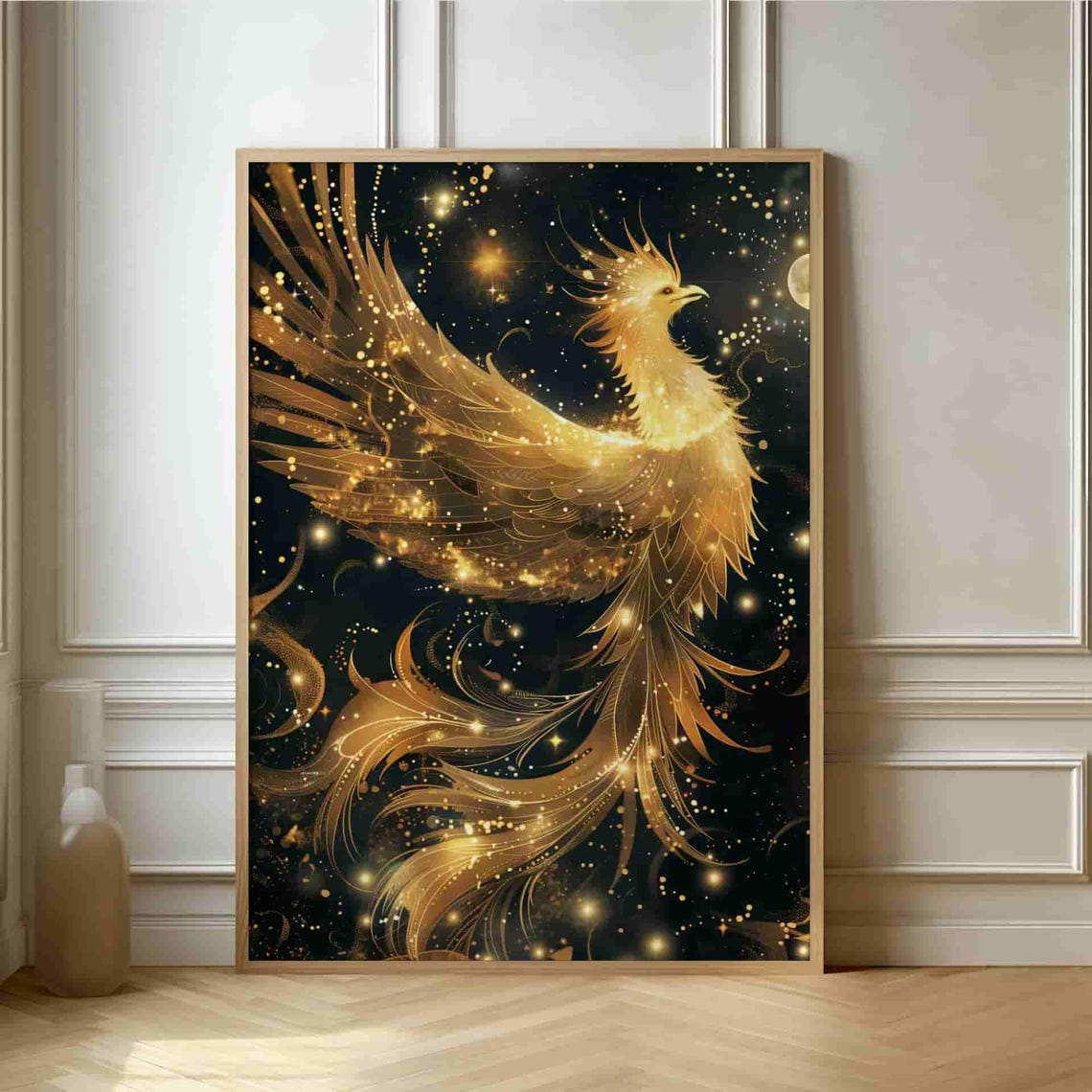 Golden Phoenix Rising Over a Starry Midnight Night Sky Art Poster