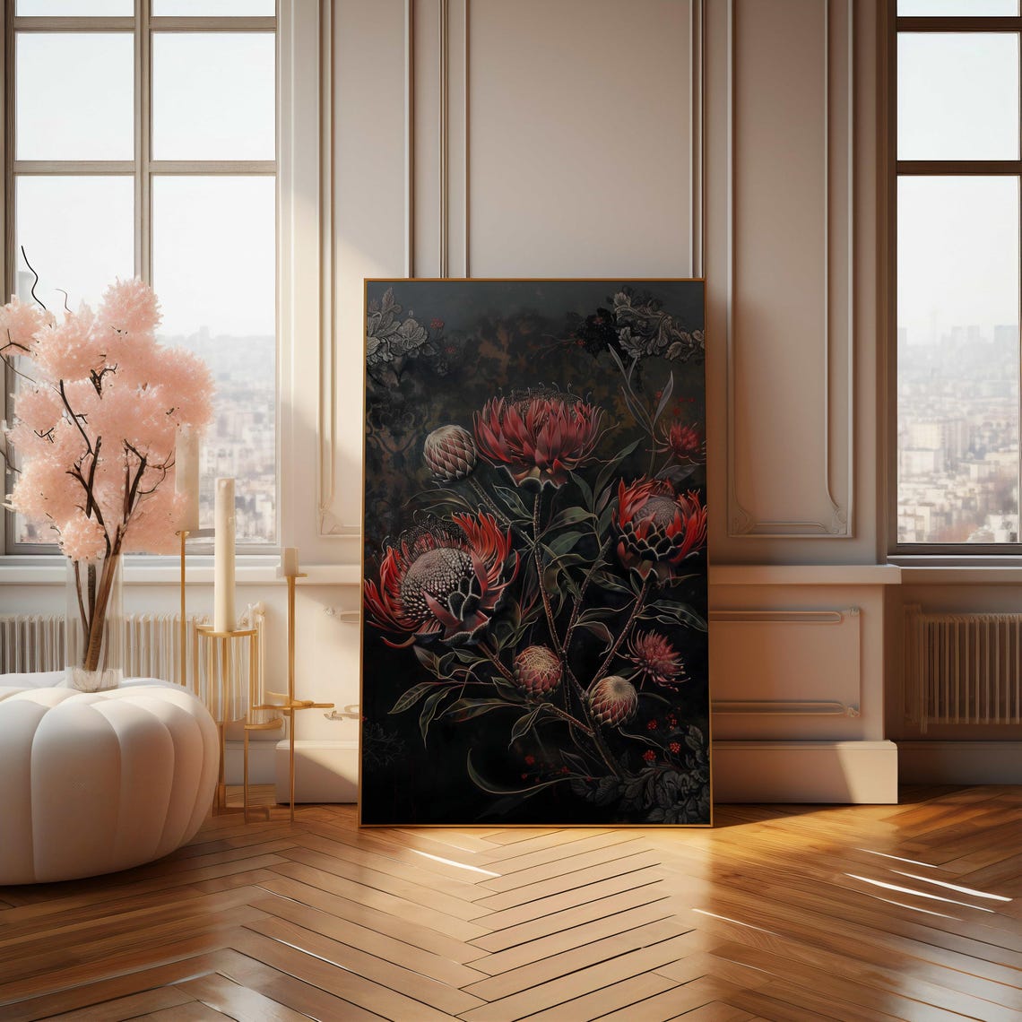 Crimson King Protea Bouquet Dark Moody Botanical Still Life Poster - Image 3