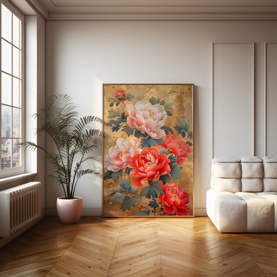 Red and Pink Peonies on a Gold Leaf Background Floral Art Poster - Image 2