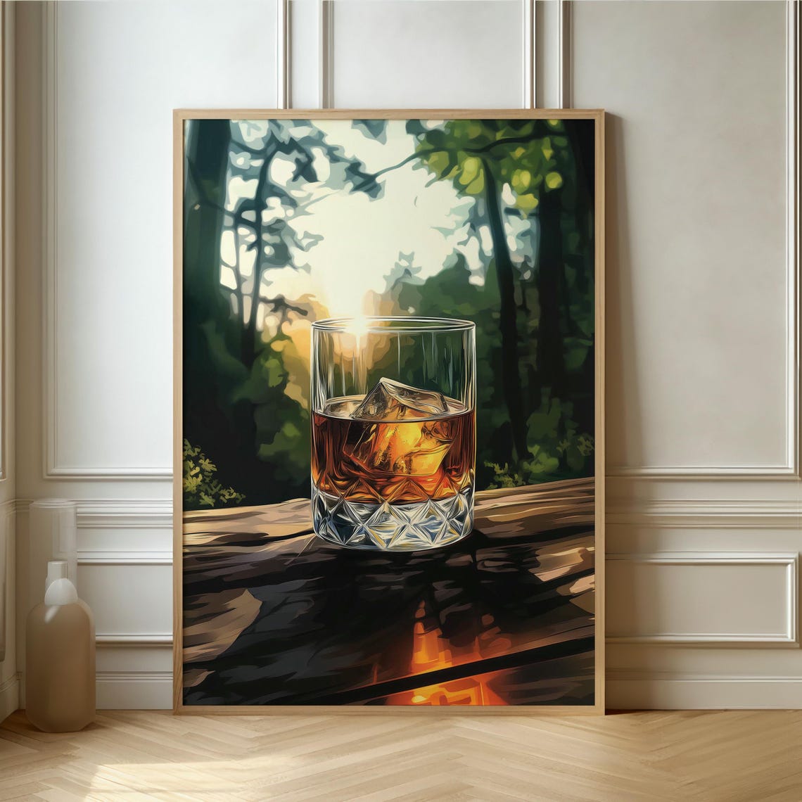 Whiskey Glass on Rocks in a Sunlit Forest Modern Still Life Poster
