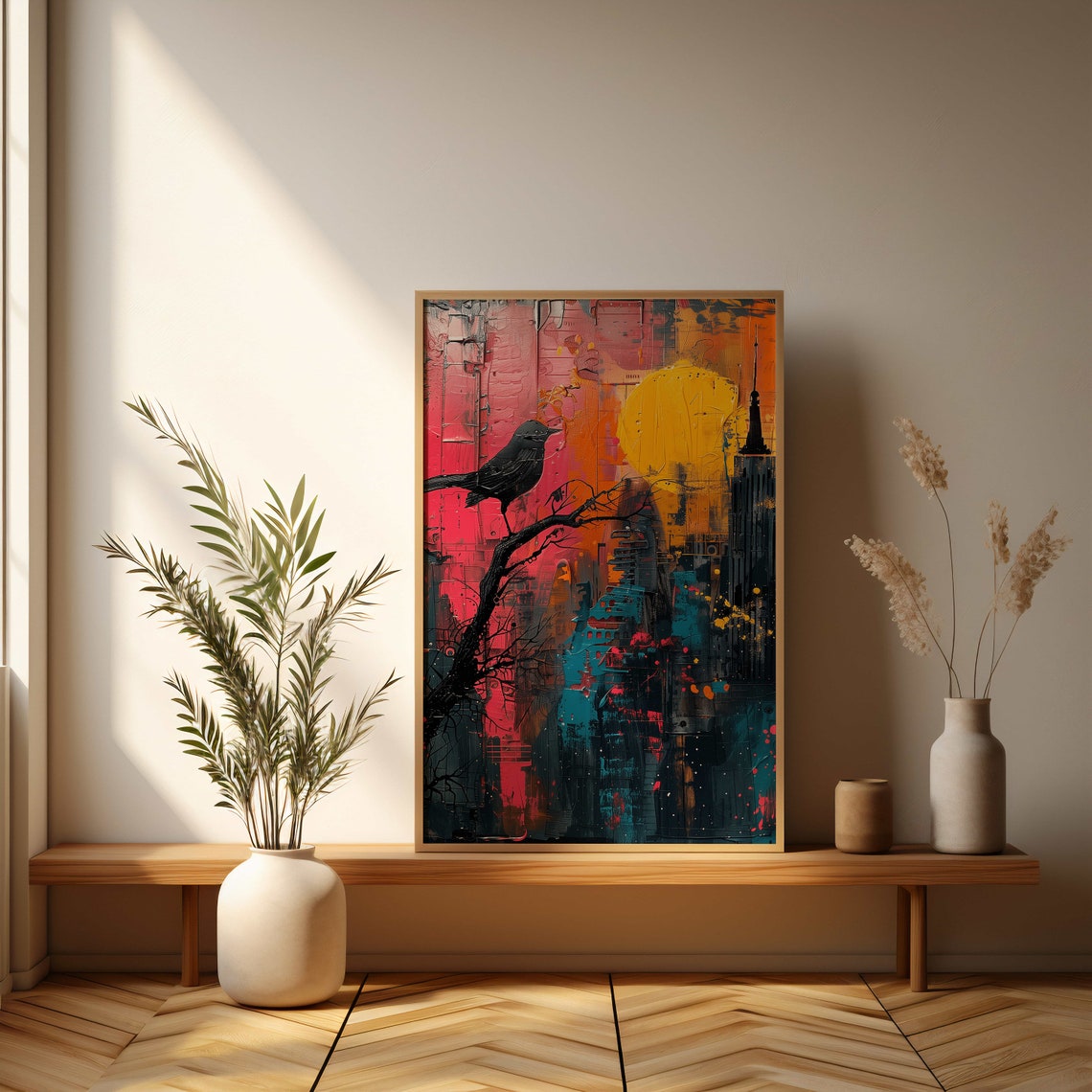 Blackbird Silhouette Over Sunset City Skyline Abstract Poster - Image 3