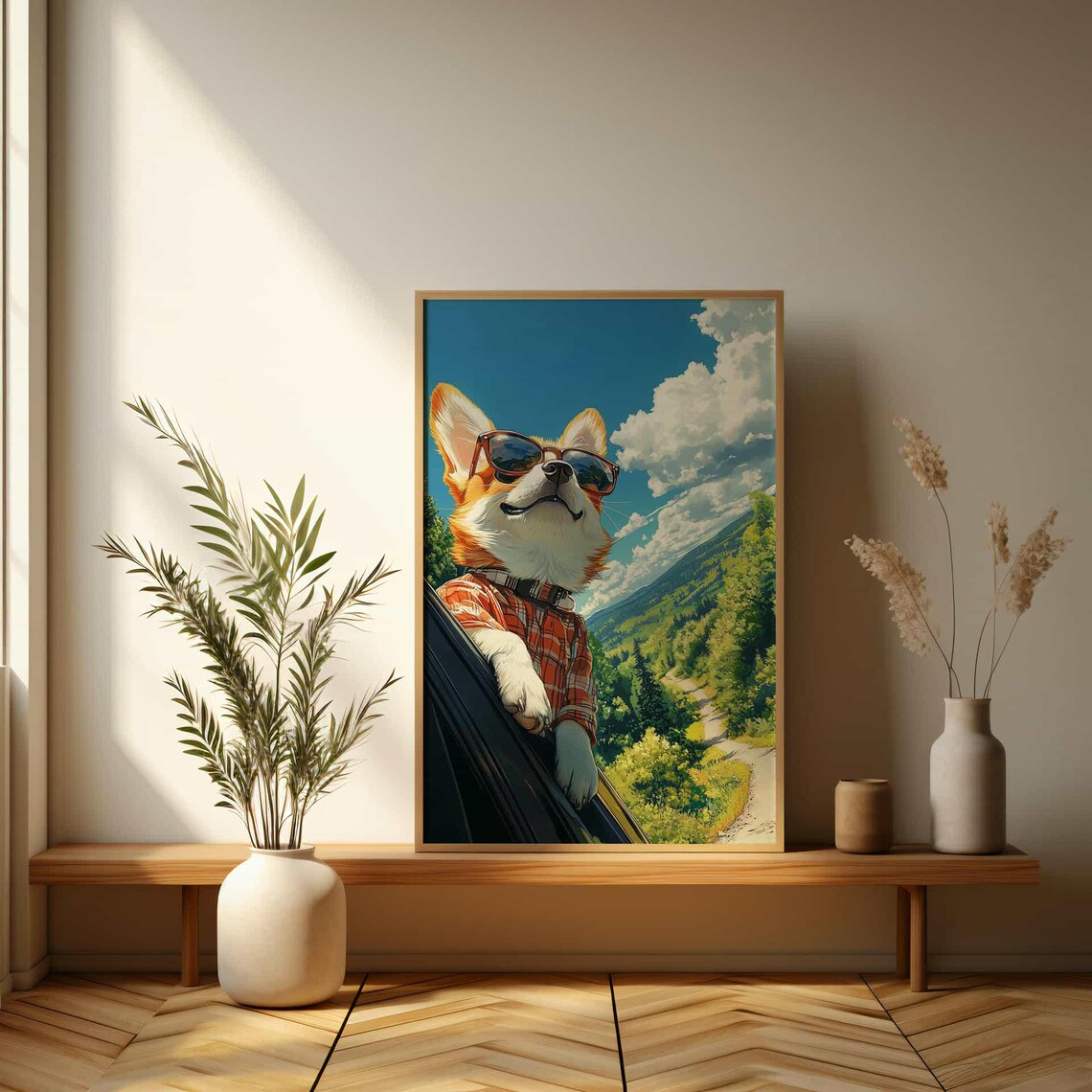 Smiling Corgi In Sunglasses And Plaid Shirt Mountain Road Trip Poster - Image 3