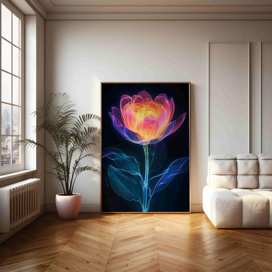 Glowing Neon Flower On Black Background Abstract Botanical Art Print - Image 2