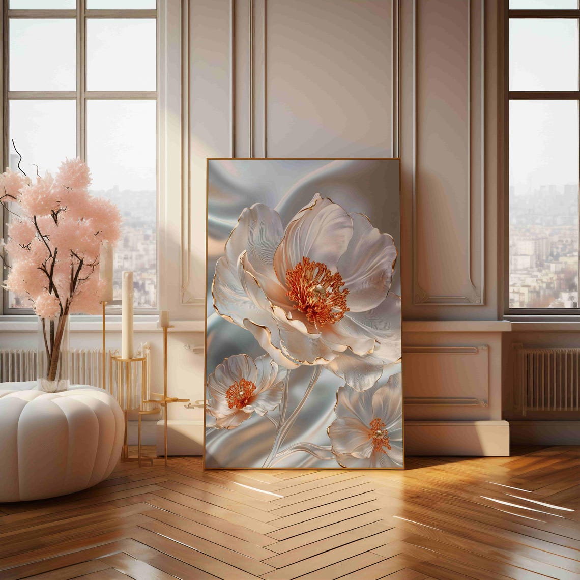 White And Copper Metallic Blossom Flower Elegant Silk Wall Print - Image 4