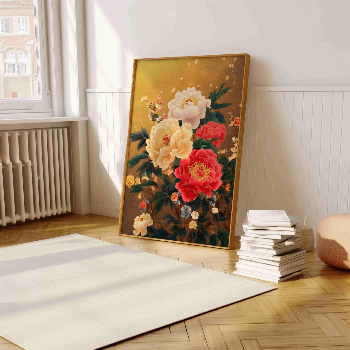 Japanese Style Peony Flowers On Golden Background Elegant Art Print - Image 5