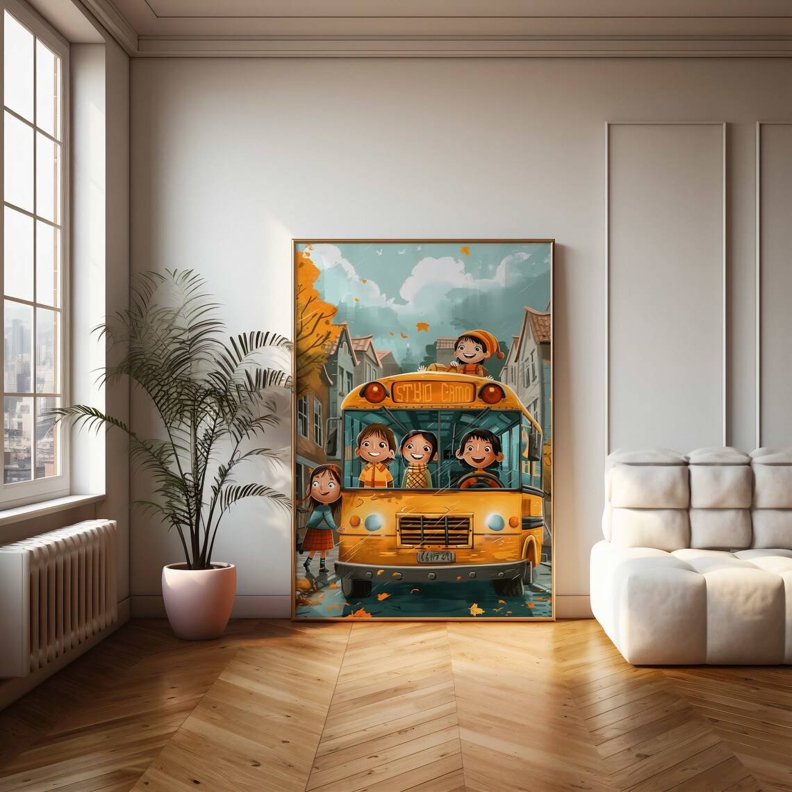 Yellow School Bus Ride Happy Cartoon Kids Autumn Street Poster - Image 2