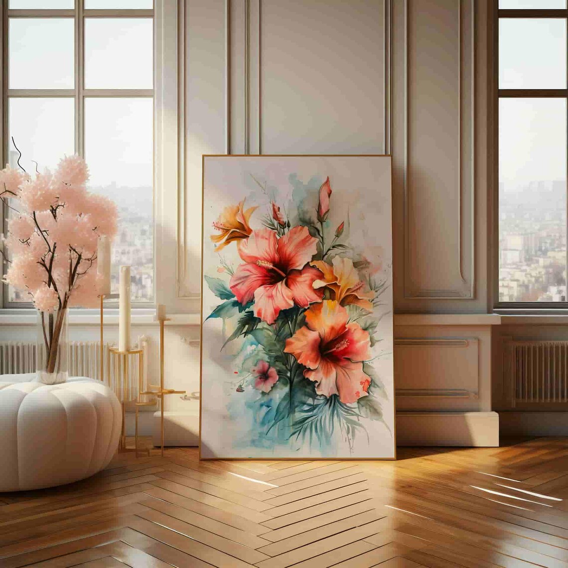 Coral Hibiscus Watercolor Blooms Tropical Floral Wall Poster - Image 3