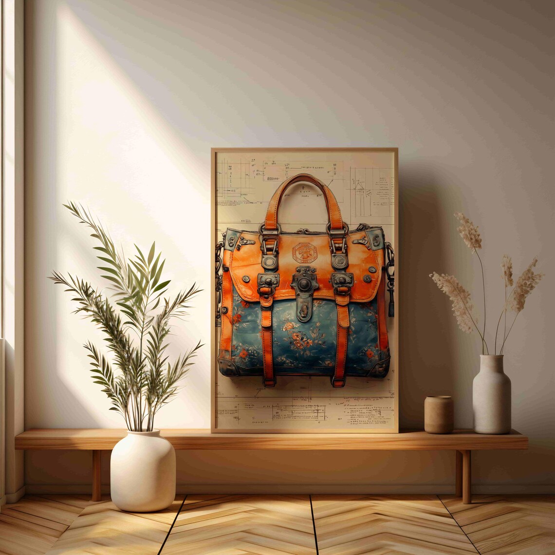 Steampunk Leather Satchel Floral Pattern Blueprint Drawing Wall Print - Image 3