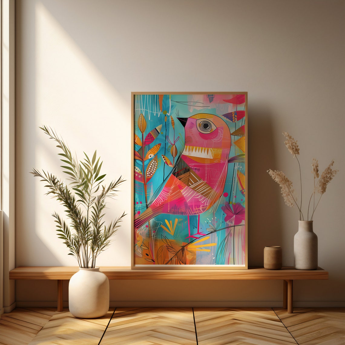 Playful Pink Bird Abstract Art Whimsical Colorful Modern Poster - Image 2