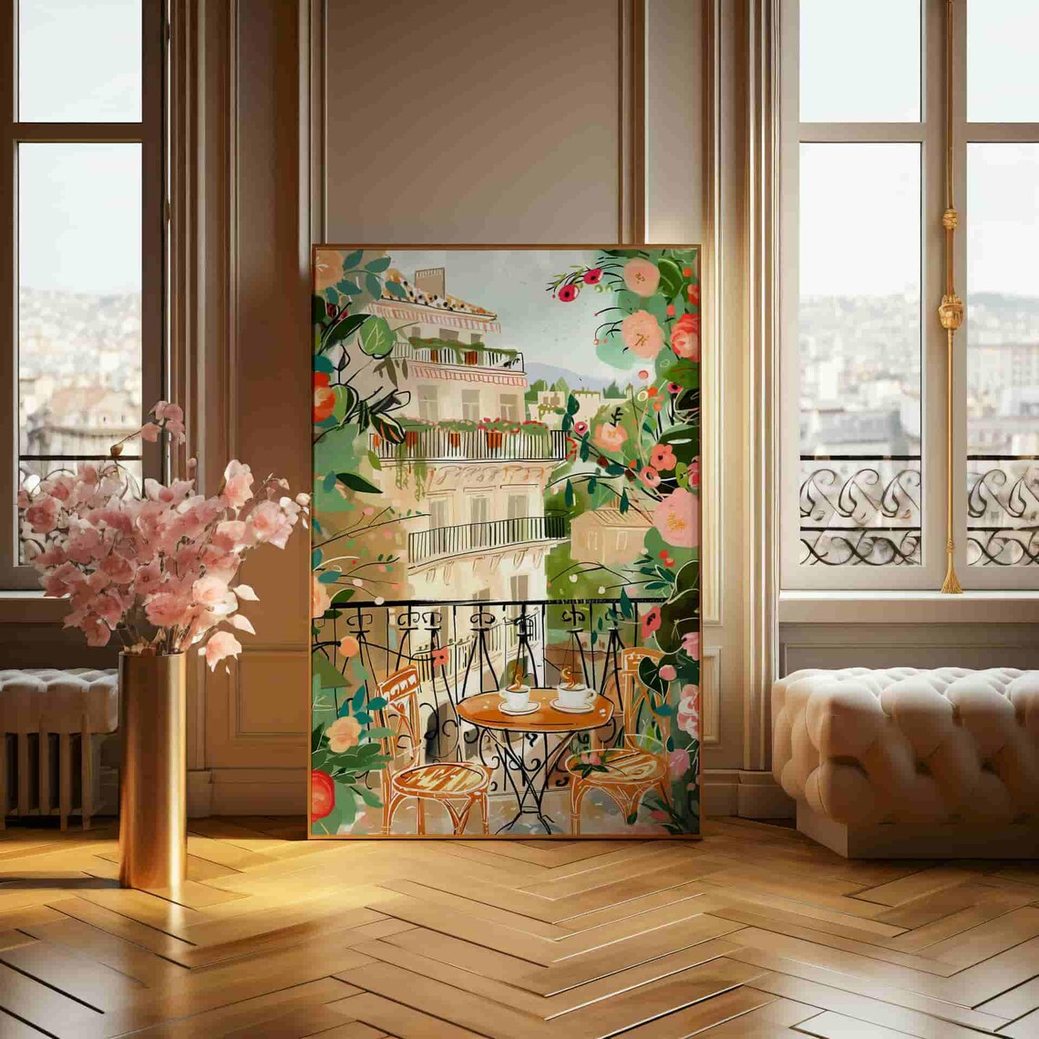 Parisian Flower Balcony Morning Coffee Romantic Cityscape Poster - Image 2