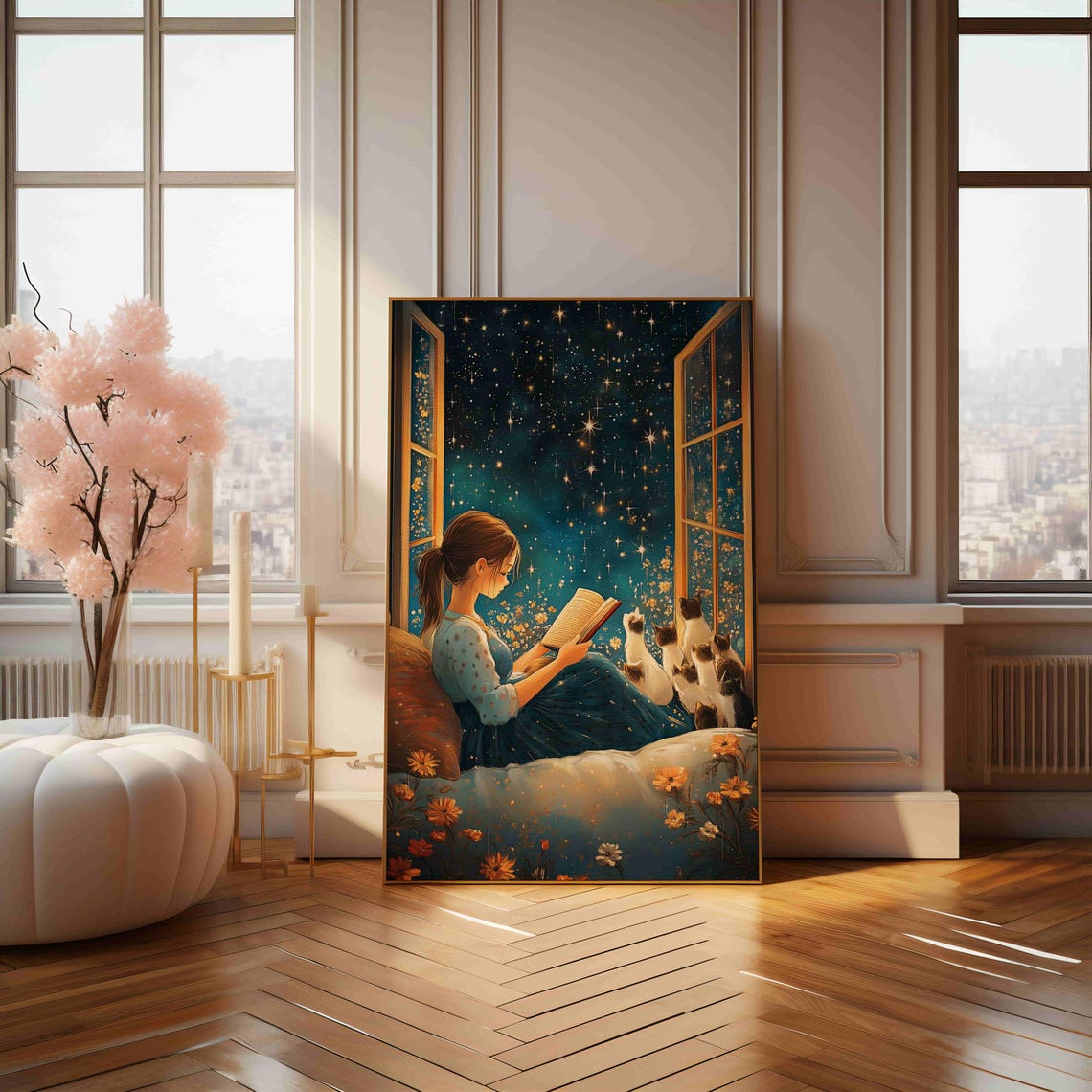 Girl Reading Under Starry Night Sky with Cats Illustration Poster - Image 4