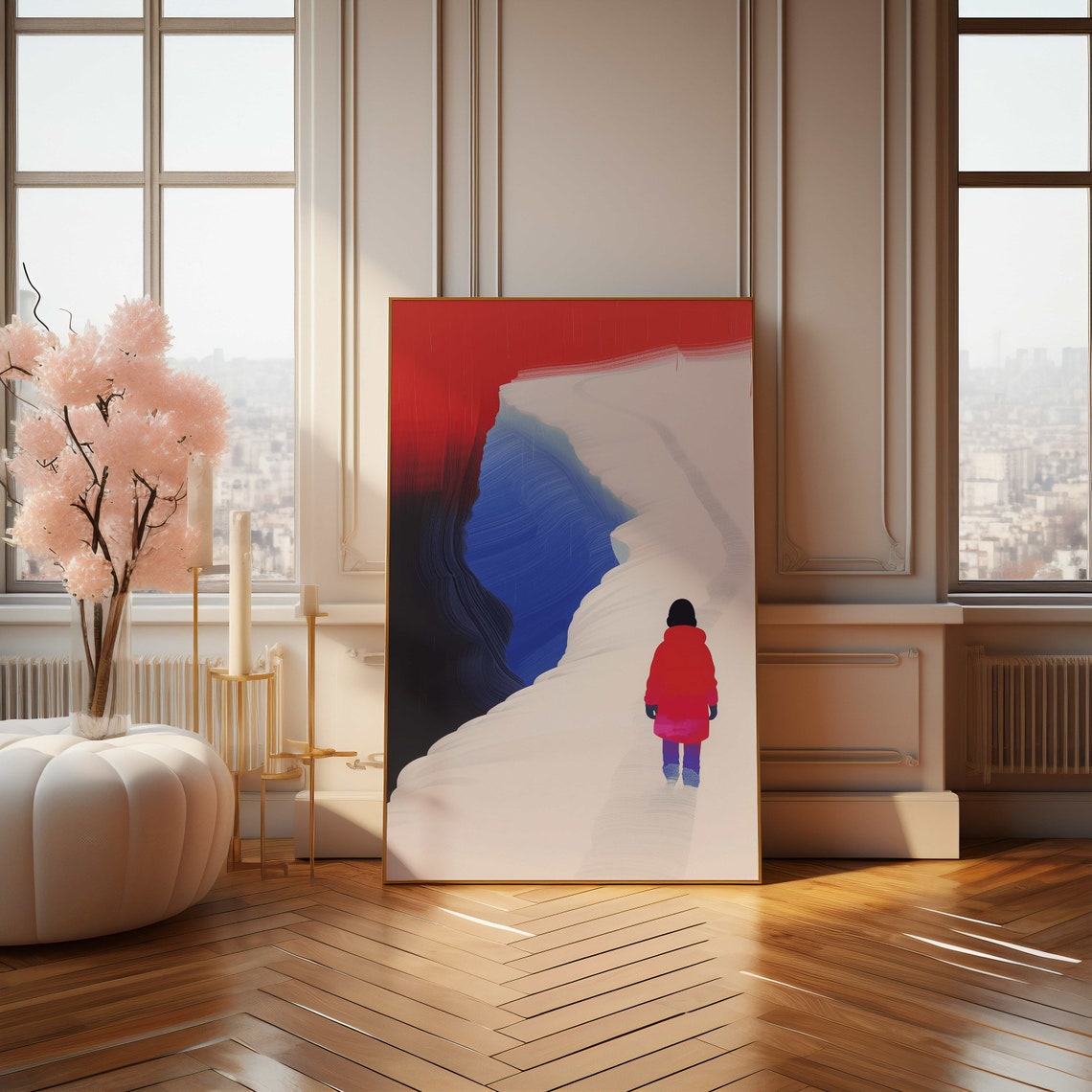 Child In Red Coat Walking Snowy White Dune Landscape Art Poster - Image 4