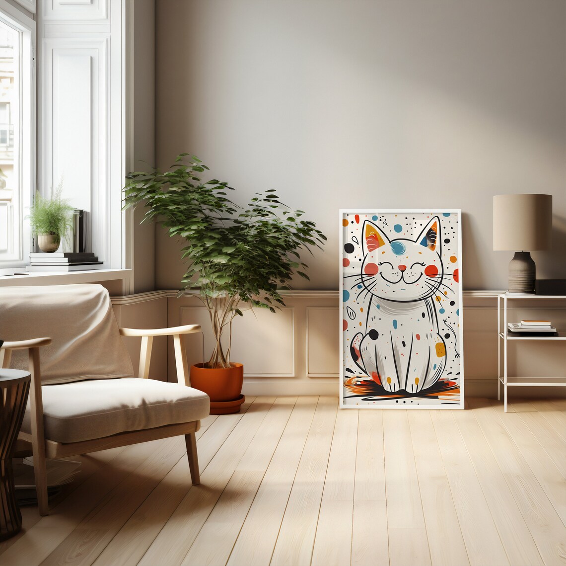 Smiling White Cat With Colorful Polka Dots Whimsical Art Poster - Image 4