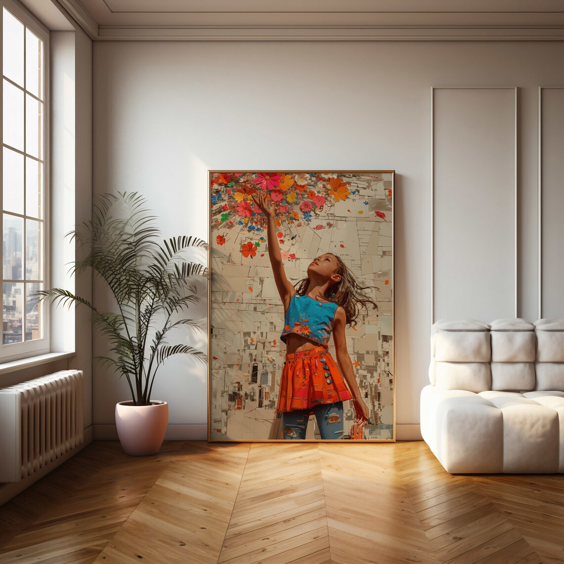 Joyful Child Tossing Flowers Urban Collage Whimsy Art Poster - Image 2