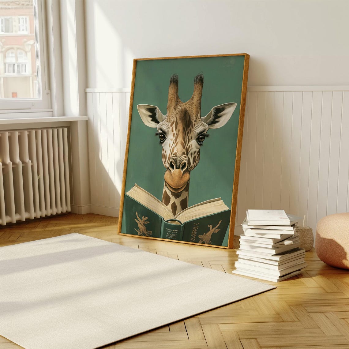 Curious Giraffe Reading A Book On Teal Background Animal Poster - Image 5