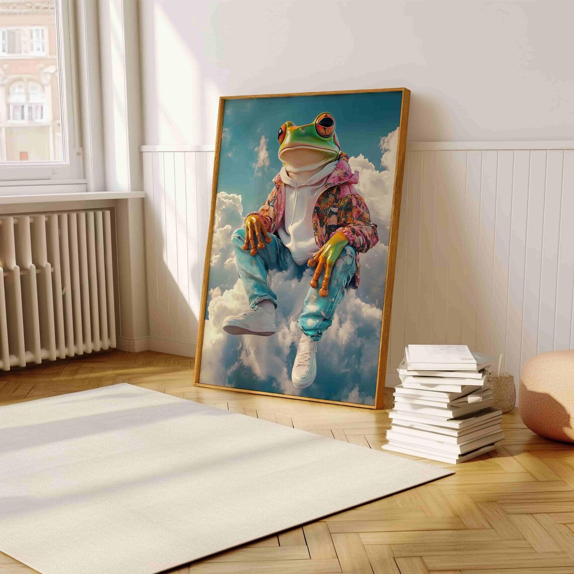 Funky Frog In Hoodie Sitting On Cloud Surreal Whimsical Art Poster - Image 5