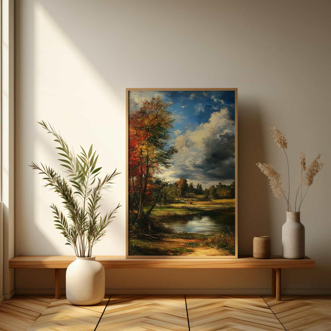 Peaceful Autumn Meadow with Pond and Dramatic Clouds Painting Poster - Image 3