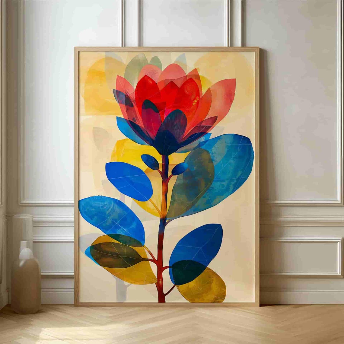 Translucent Red Flower With Blue Leaves Modern Abstract Poster