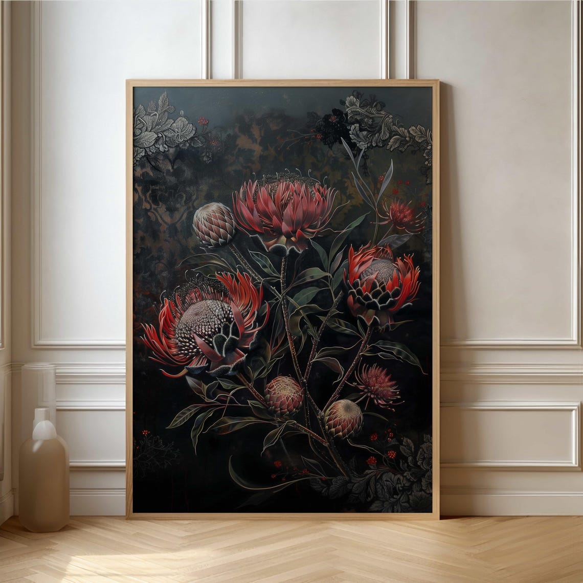 Crimson King Protea Bouquet Dark Moody Botanical Still Life Poster