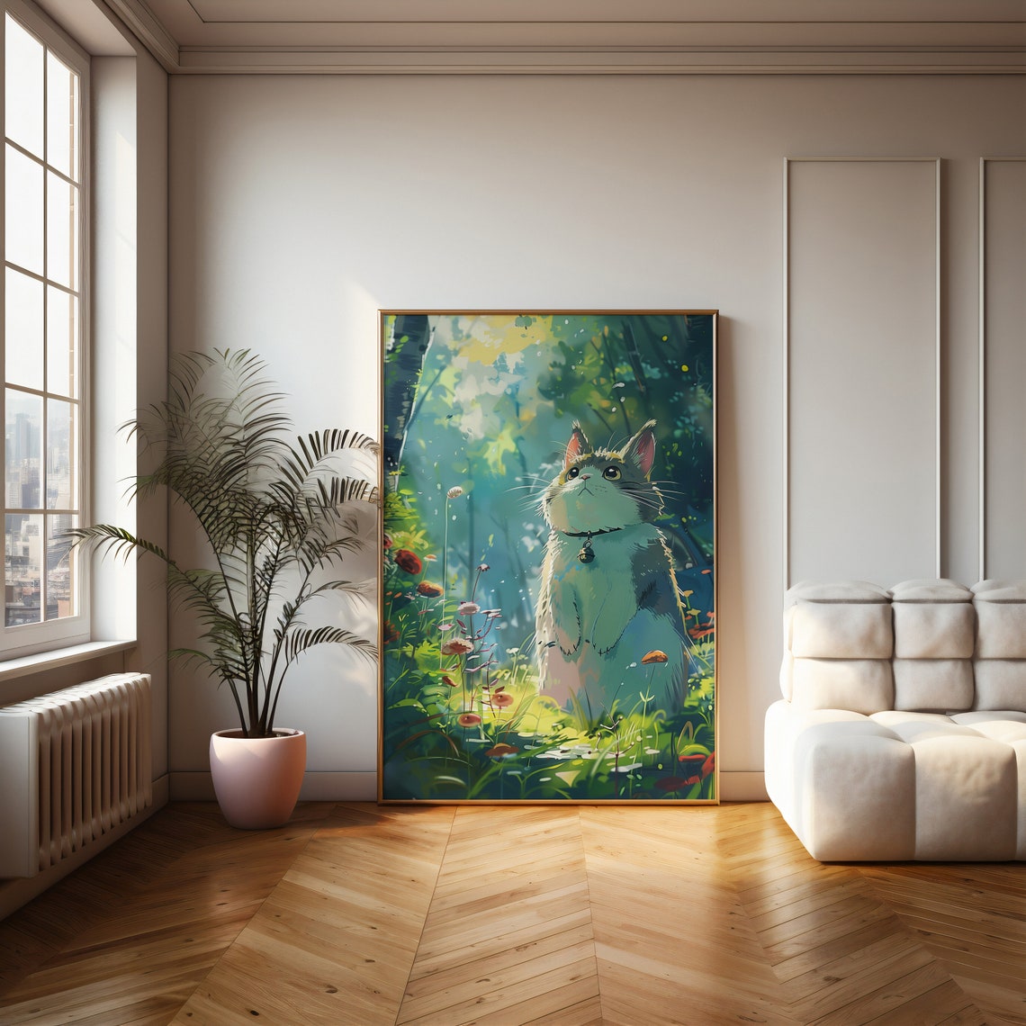 Tabby Cat With Bell Sitting in a Sunlit Forest Glade Art Poster - Image 3
