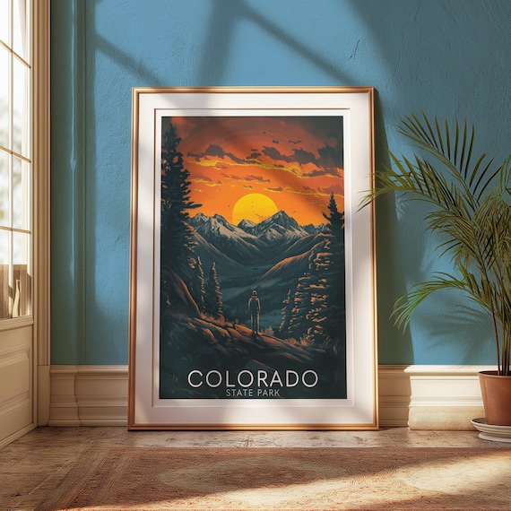 Colorado State Park Sunset Mountain Hiker Vintage Style Travel Poster