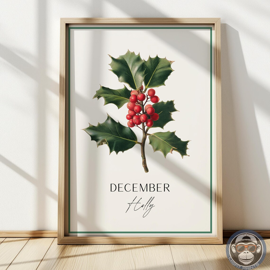 Holly December Birth Flower, Winter Botanical Art Print