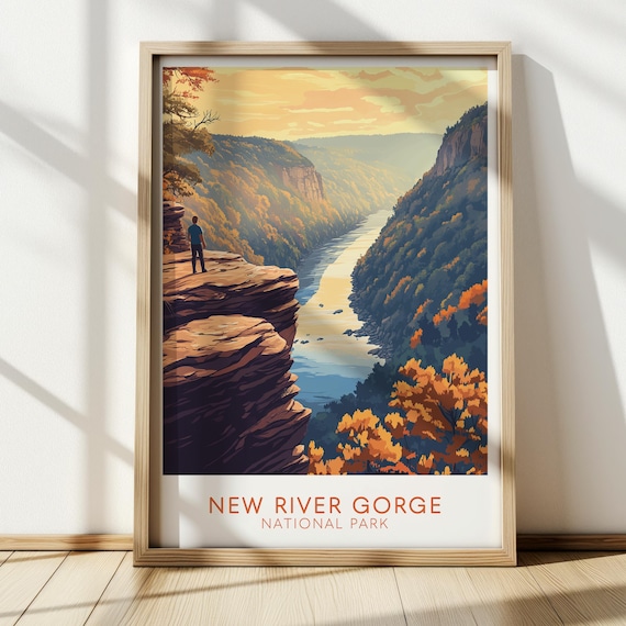 New River Gorge National Park Hiker Cliff Overlook Autumn Travel Poster
